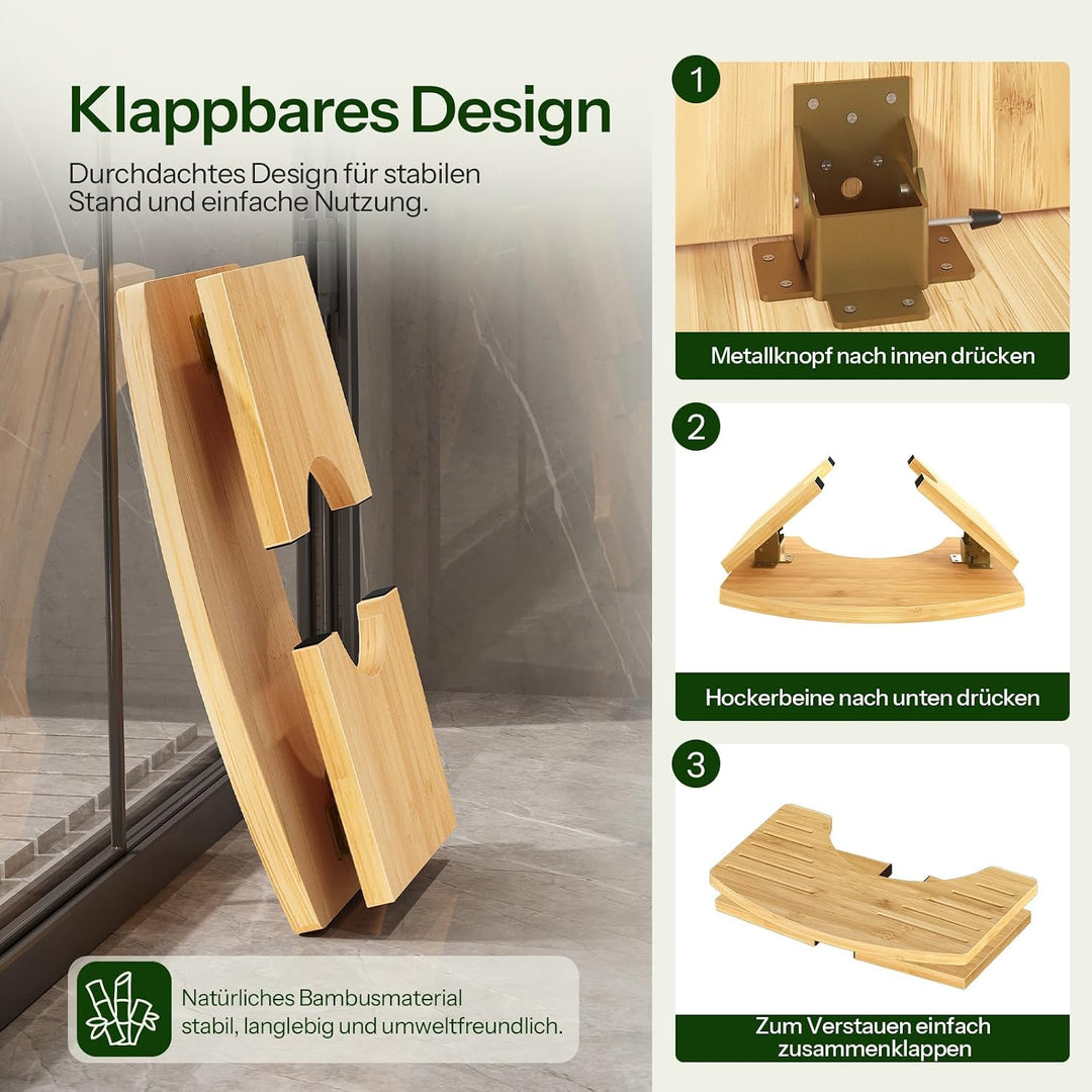 HOOBRO Klappbarer Toilettenhocker aus Bambus, montagefreier Klohocker mit Abflussrillen und Rutschfe