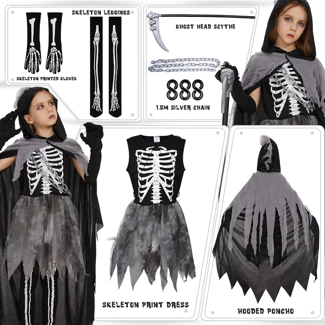Ulikey Sensenmann Mädchen Kostüm, Sensemann Kostüm Kinder, Halloween Sensenmann Robe Set mit Kapuzen