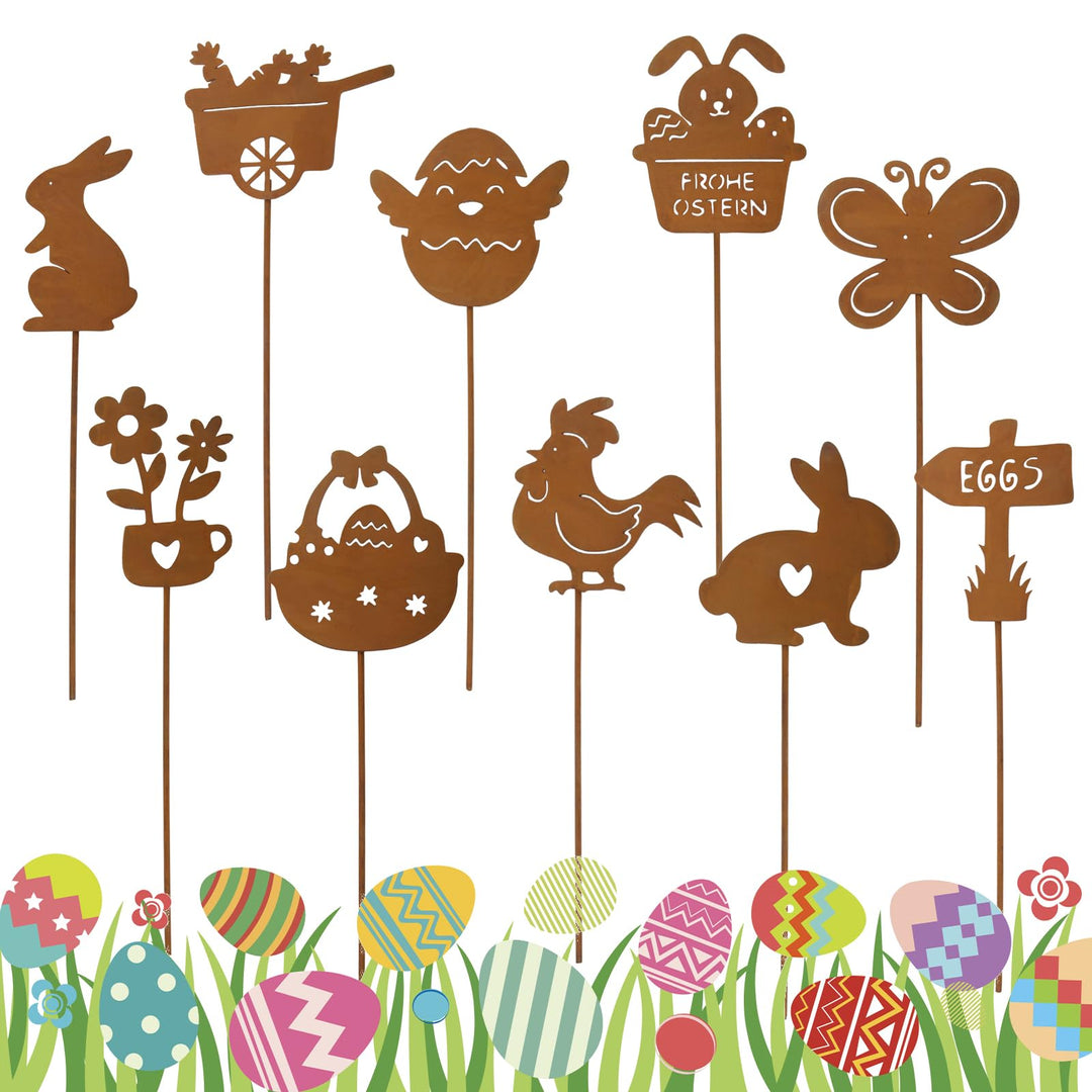 YUE QIN 10 Stück Gartenstecker Gartendeko Rost Osterdeko Garten Draussen Rostdeko Gartendeko Metall
