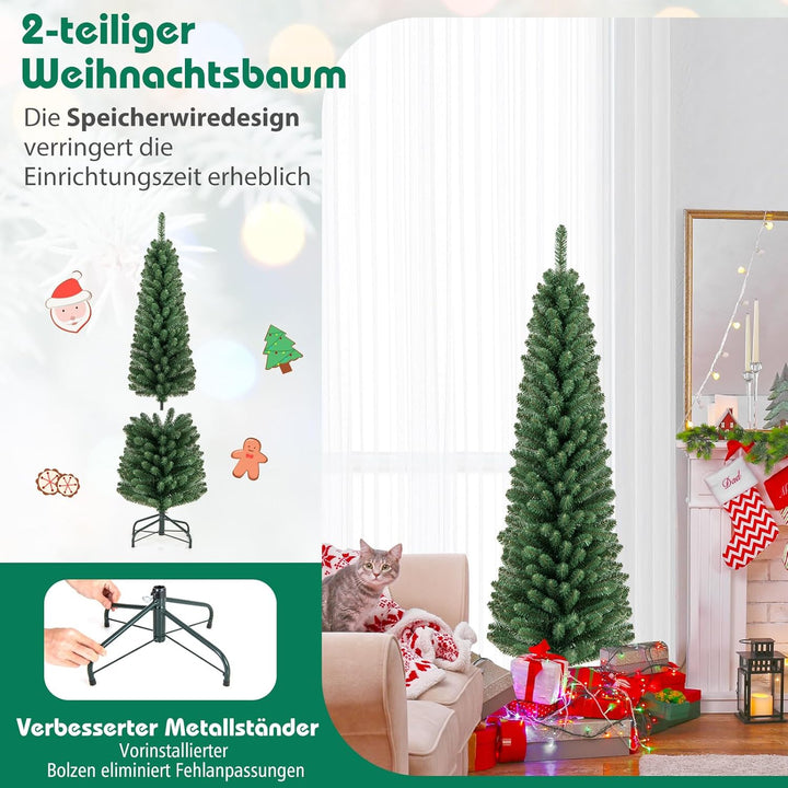 COSTWAY 150cm Bleistift Weihnachtsbaum, künstlicher Tannenbaum mit 295 Zweigespitzen & Metallständer