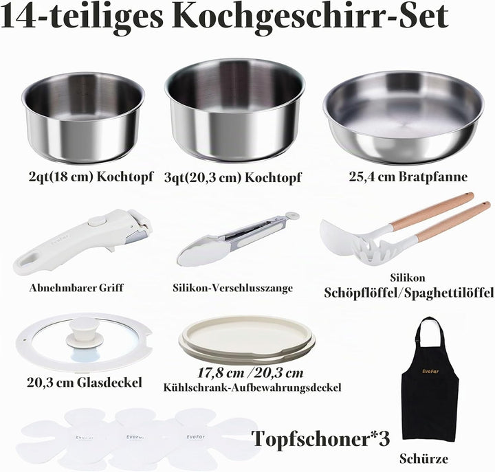 EvoFar Topfsets Edelstahl Pfannenset 14Stk Kochgeschirr Set mit Abnehmbaren Griffen, Pfanne 24cm, To
