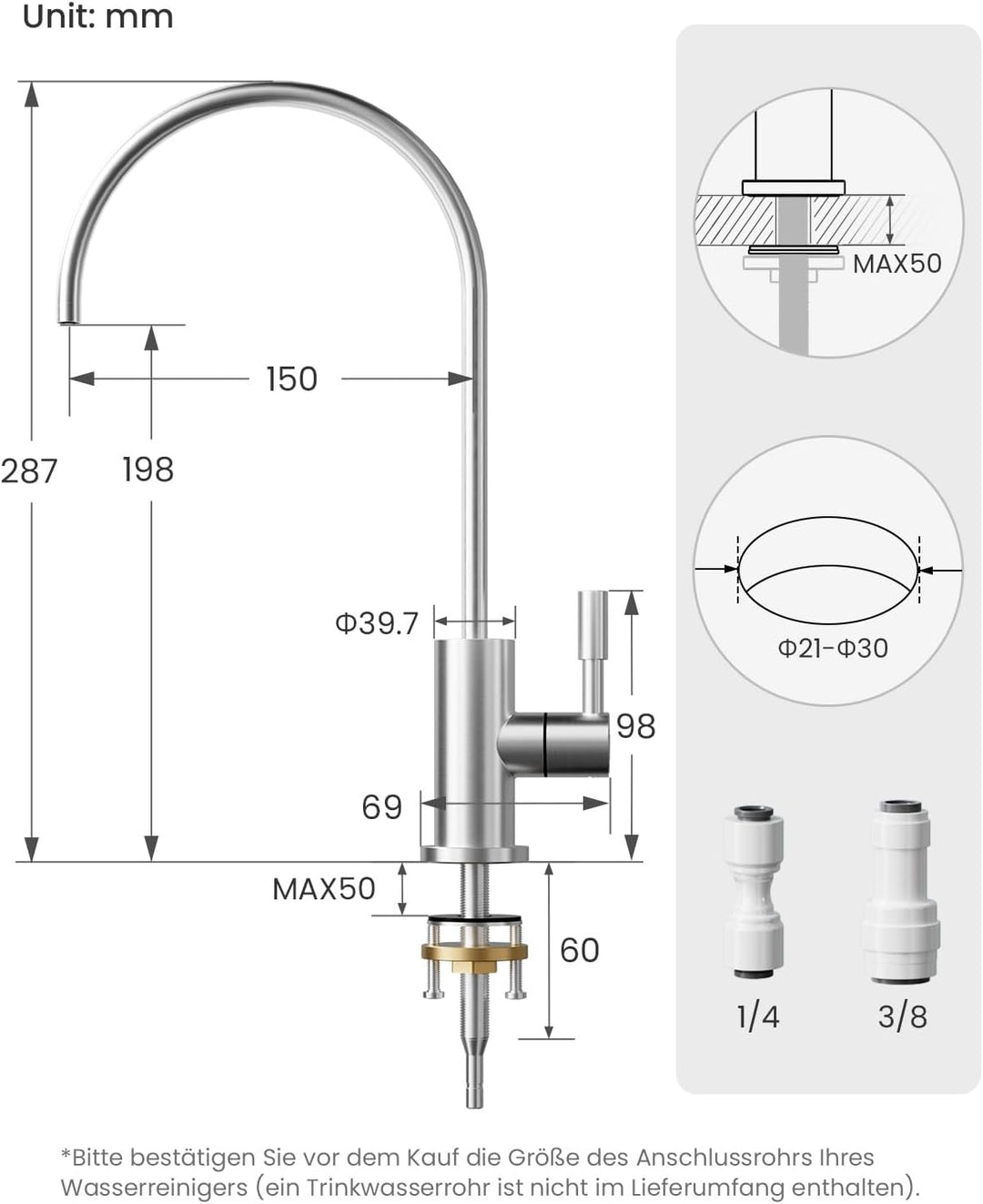 Trinkwasserhahn, Wasserhahn Küche Für Umkehrosmose Oder Wasserfiltersystem, Küchenarmatur Aus Edelst
