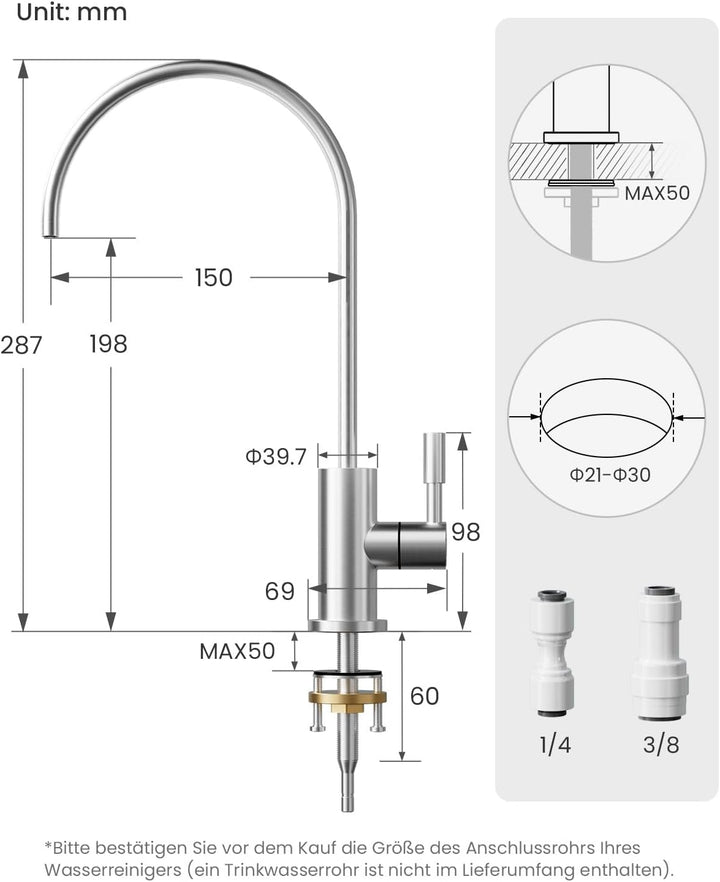 Trinkwasserhahn, Wasserhahn Küche Für Umkehrosmose Oder Wasserfiltersystem, Küchenarmatur Aus Edelst
