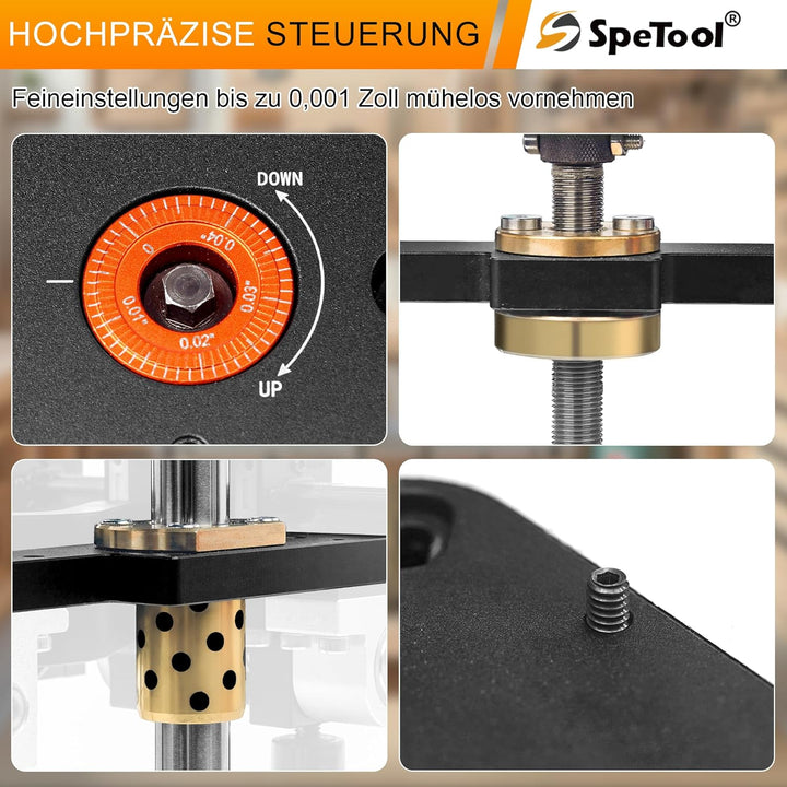SpeTool Fräslift für Oberfräsen mit 65mm-107mm Durchmesser, oberfräsenlift aus Aluminium mit DIY-Sch