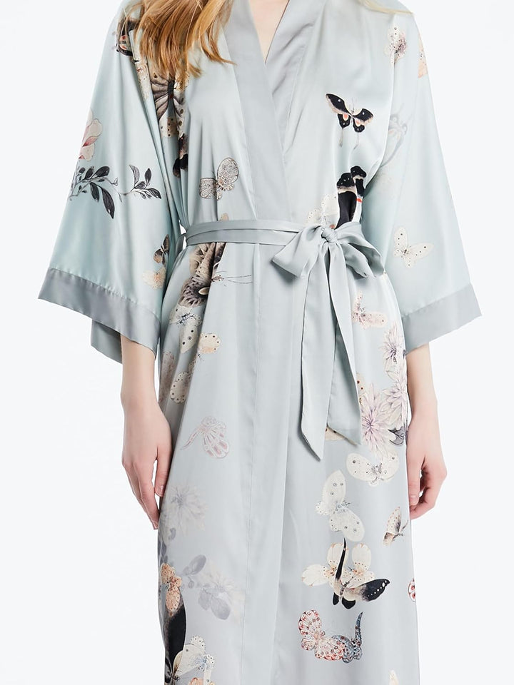 Prettystern Damen Boden-lang 100% Seide Satin Seidenmantel Kimono Morgenmantel Nachtkleid Yukata Rob