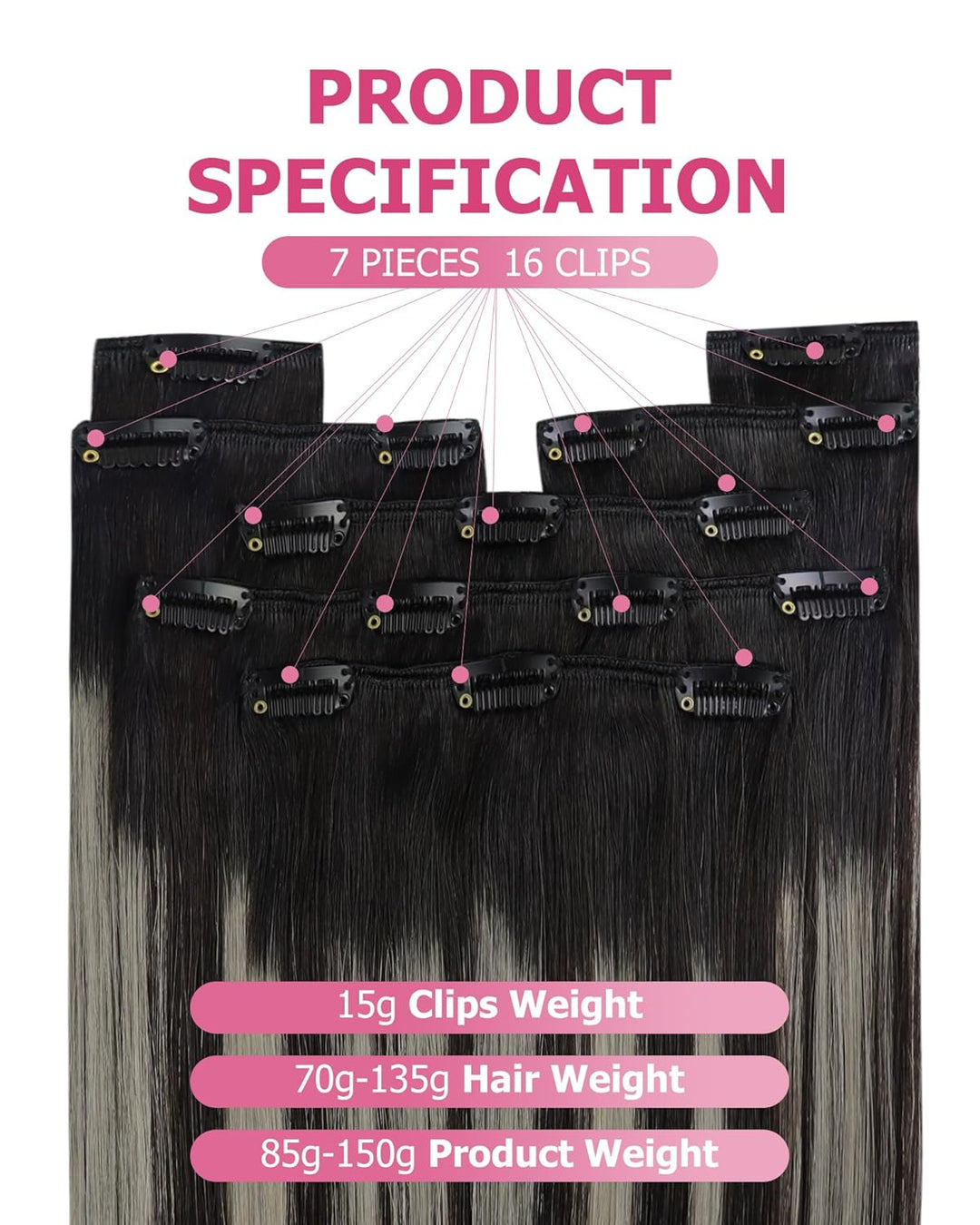 YoungSee Echthaar Extensions Clip Ombre Schwarz 7 Stück 30cm Clip in Extensions Echthaar Schwarz Bal
