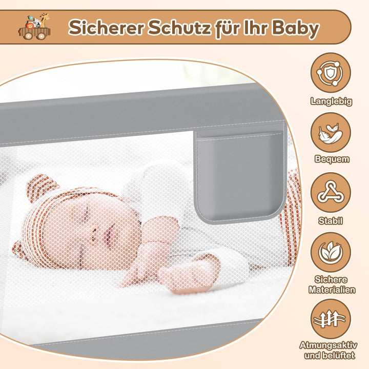 Ikodm Bettgitter für Kinder 150cm und 200cm, Bettschutzgitter Höhenverstellbar von 64-96cm, Rausfall