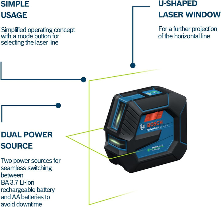 Bosch Professional Linienlaser GLL 20-22 G (Halterung LB 10, grüner Laser, Innenbereich, Dual Power