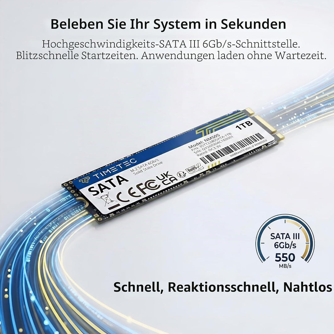 Timetec 1TB SSD 3D NAND TLC SATA III 6 Gb/s M.2 2280 NGFF 512 TBW Lesegeschwindigkeit Bis zu 530 MB/