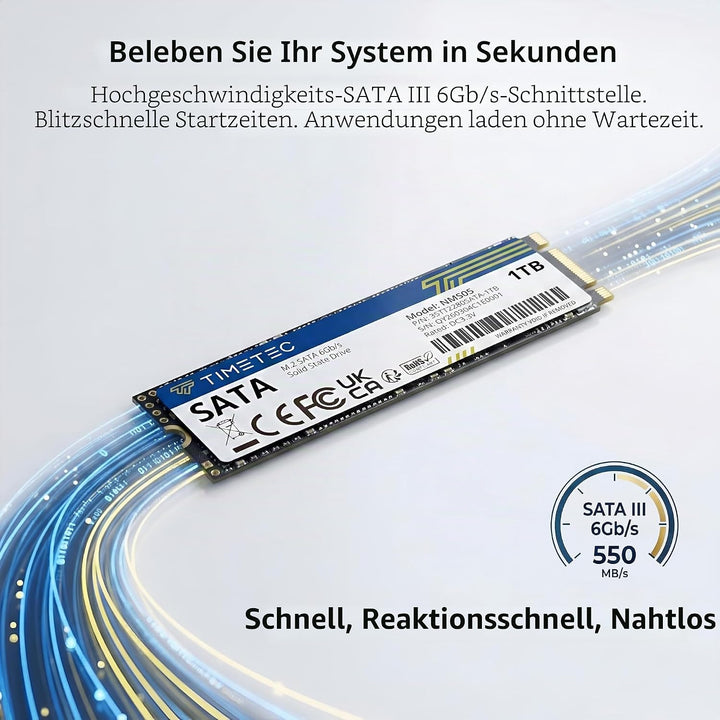Timetec 1TB SSD 3D NAND TLC SATA III 6 Gb/s M.2 2280 NGFF 512 TBW Lesegeschwindigkeit Bis zu 530 MB/