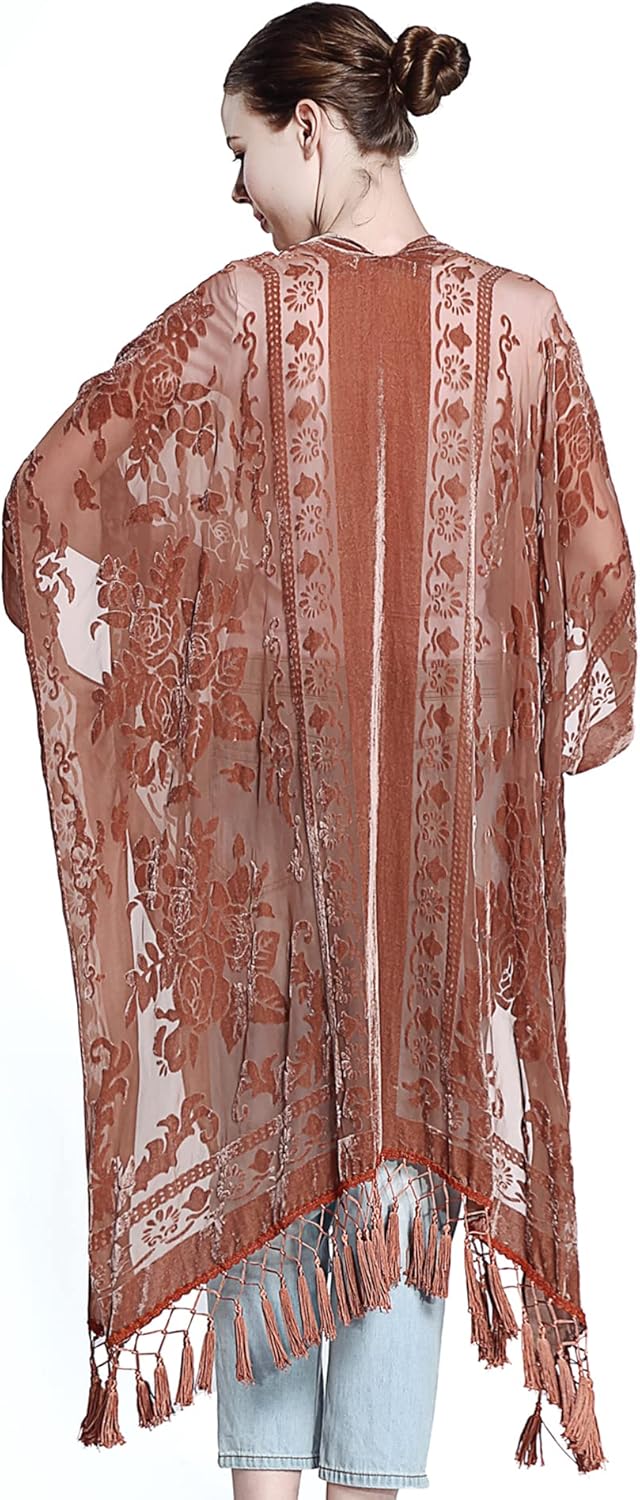 MJ SERECA Damen Burnout Samt Kimono Lange Strickjacke Cover Up Casual Outfit (Herbstblatt), Einheits