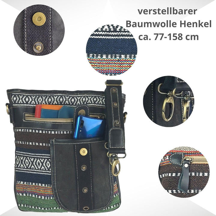 Sunsa Damen Umhängetasche. Crossbody Bag mit Streifen Design. Schultertasche aus Baumwolle & Leder.