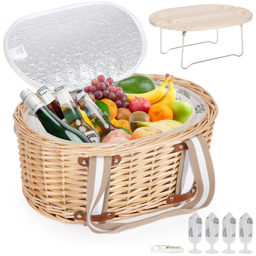 Picknickkorb-Set für 4 Personen – Isolierter Weidenkorb mit klappbarem Weintisch, Picknickset mit In