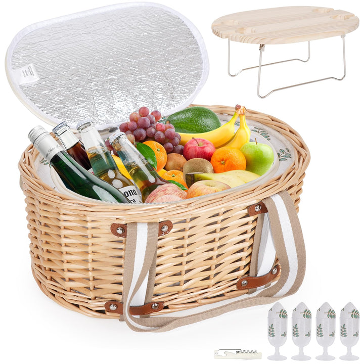 Picknickkorb-Set für 4 Personen – Isolierter Weidenkorb mit klappbarem Weintisch, Picknickset mit In
