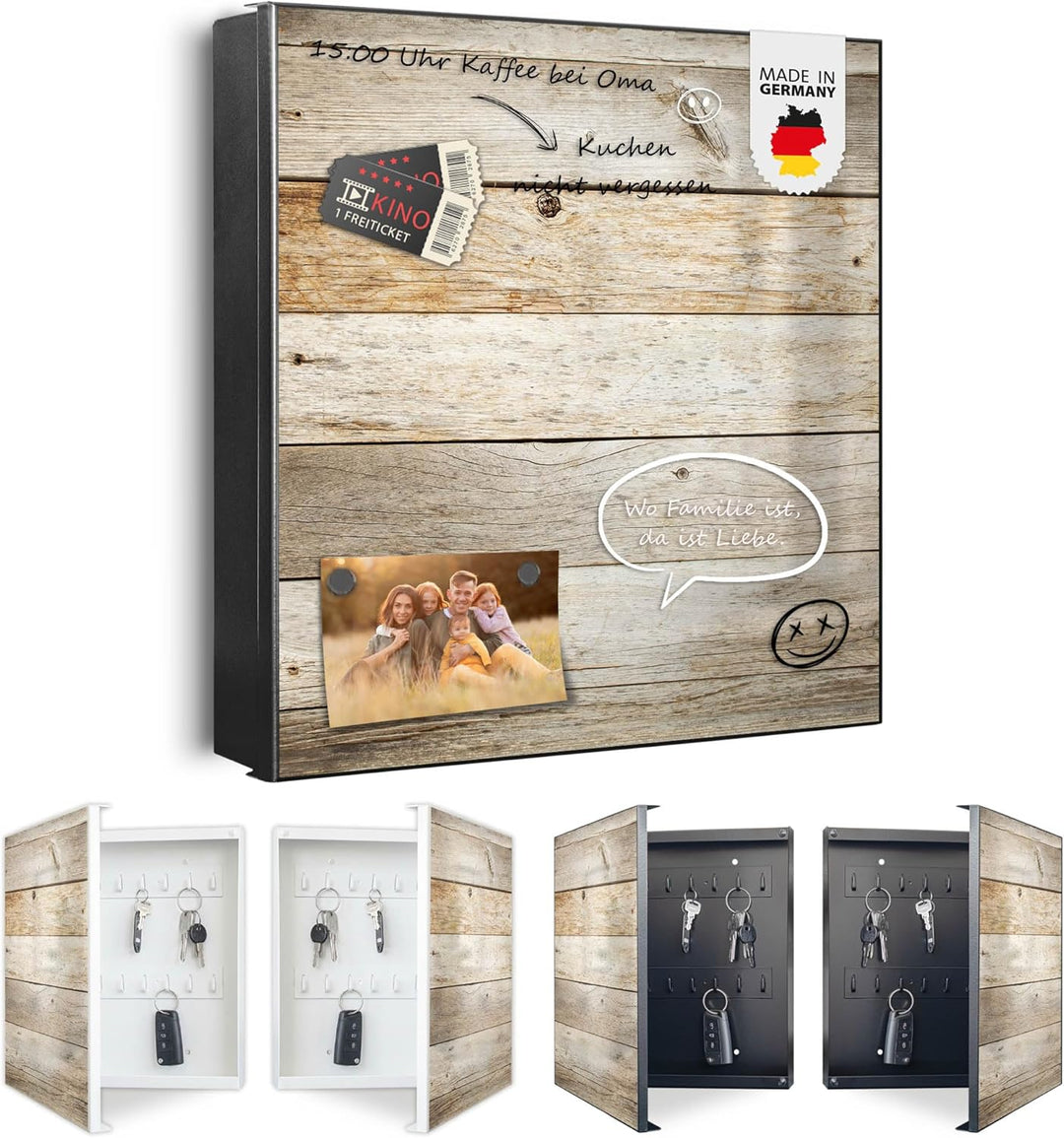 banjado® Grosser Schlüsselkasten Glas/Schlüsselbox 30cm x 30cm mit 50 Haken - Motiv Graues Holz/Schl