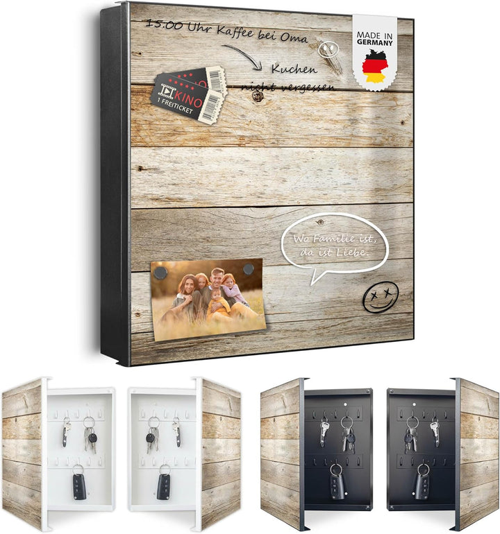banjado® Grosser Schlüsselkasten Glas/Schlüsselbox 30cm x 30cm mit 50 Haken - Motiv Graues Holz/Schl