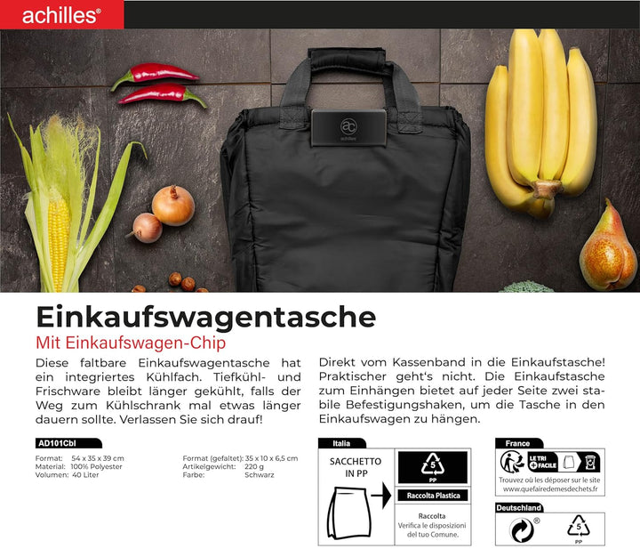 achilles Einkaufswagentasche faltbar, Einkaufswagentasche zum Einhängen, Shopper, Einkaufstasche für