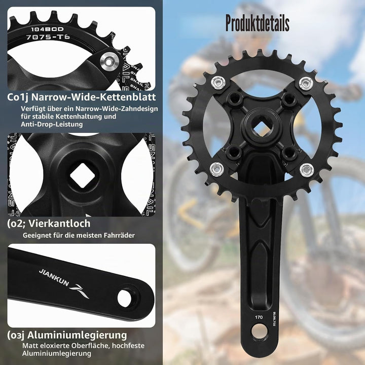 Mountainbike 170 mm Vierkant-Kurbelgarnitur mit 104 BCD 32/34/36/38T Kettenblatt, MTB-Kurbel aus Alu