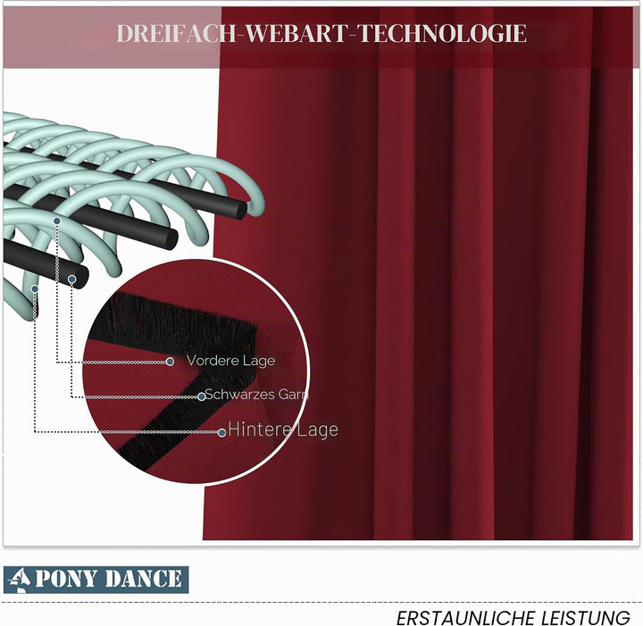 PONY DANCE Rote Vorhänge Blickdicht Gardinen Wohnzimmer 2er Set Dekoration Schlaufenvorhang Modern T