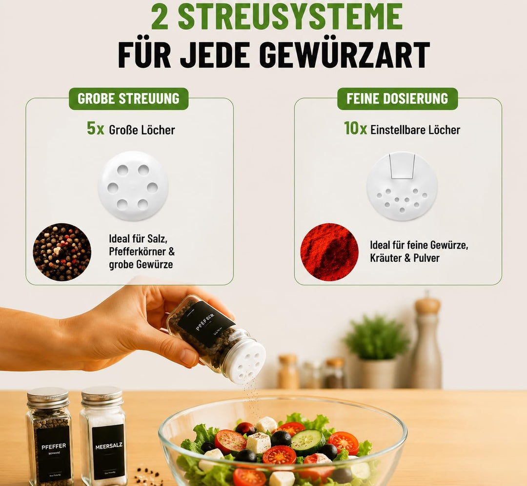 elf-family Gewürzgläser Eckig Set [12 x 120ml] mit Streueinsatz und Etiketten Premium Luftdichte Gew