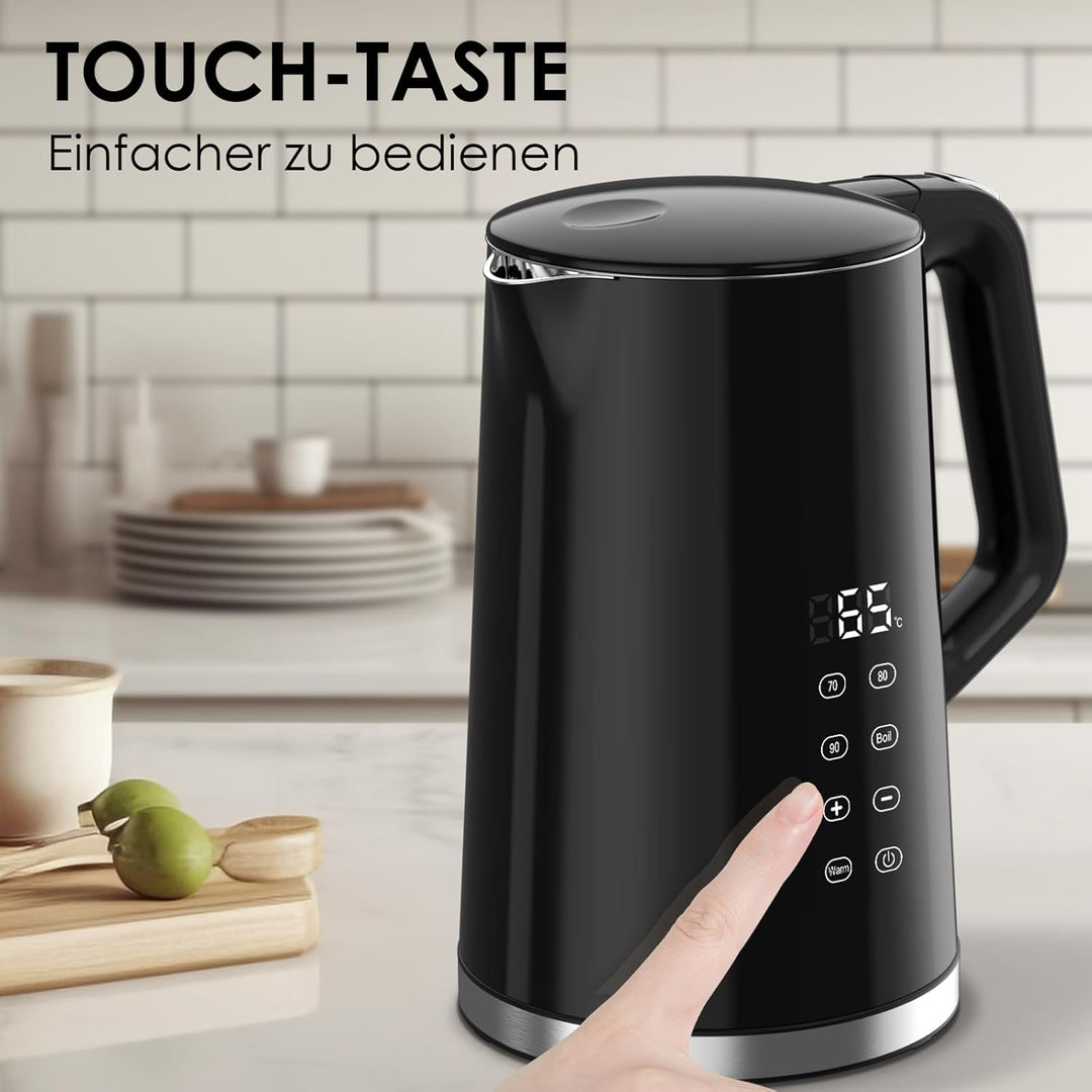 VORSCH Wasserkocher Edelstahl 1,7 L mit LCD-Temperaturanzeige, Temperaturwahl 40-100 °C, Trockengehs