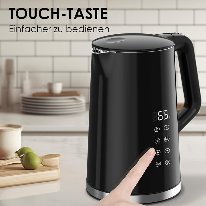 VORSCH Wasserkocher Edelstahl 1,7 L mit LCD-Temperaturanzeige, Temperaturwahl 40-100 °C, Trockengehs