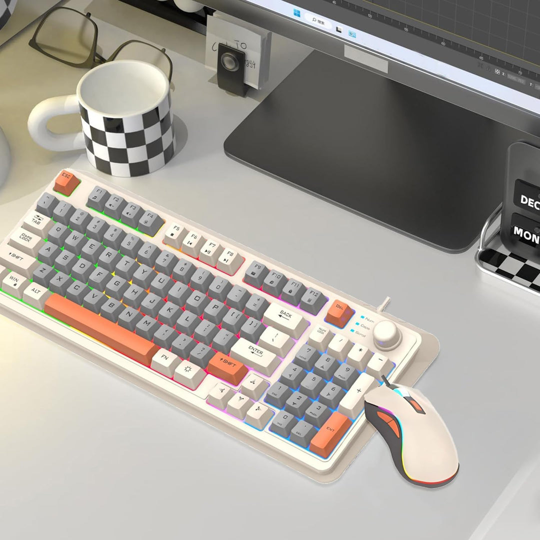 Kabelgebundene Tastatur und Maus Set mit 94 Tasten Lautstärkeregler Buntes Licht Ergonomische Mäuse