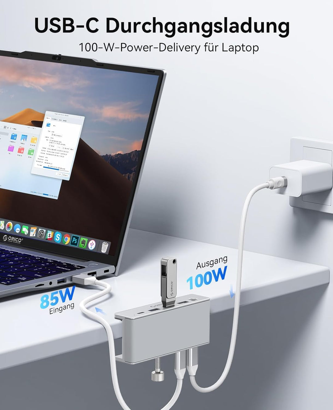 ORICO Clip Docking Station, 8-in-1 USB-C Hub Klemme mit 4K@60Hz HDMI, 100W PD, Gigabit-Ethernet, 4xU