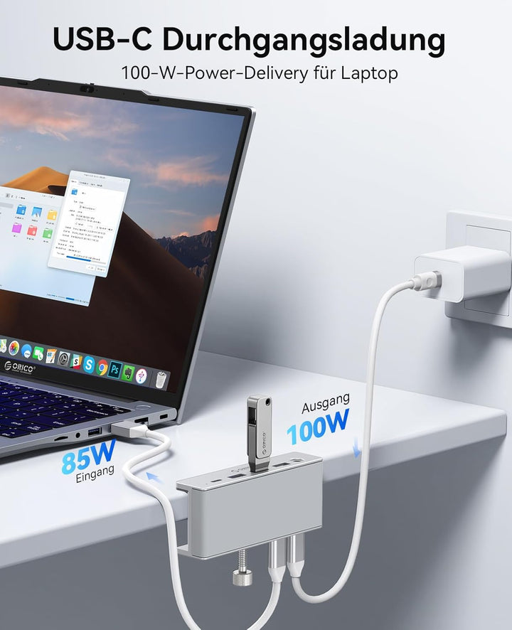 ORICO Clip Docking Station, 8-in-1 USB-C Hub Klemme mit 4K@60Hz HDMI, 100W PD, Gigabit-Ethernet, 4xU