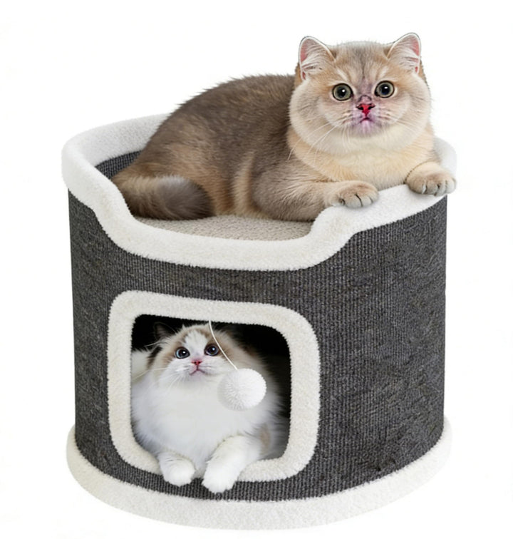 Katzenhöhle Katzenfass, Katzenhaus mit Kratzbrett für Indoor-Katzen,Kratzbaum Klein mit Plattform, H