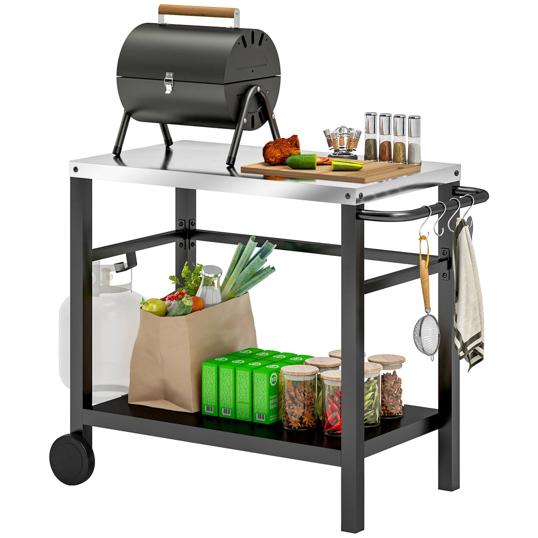 Outsunny Grillwagen 2-Etagen Servierwagen mit Arbeitsfläche Ablagen Haken Räder, BBQ Grilltisch aus