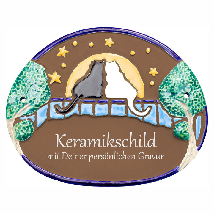 Handarbeit aus Schleswig-Holstein Keramikschild 19,0 x 15,0 cm Motiv Zwei Katzen vor Nachthimmel (br