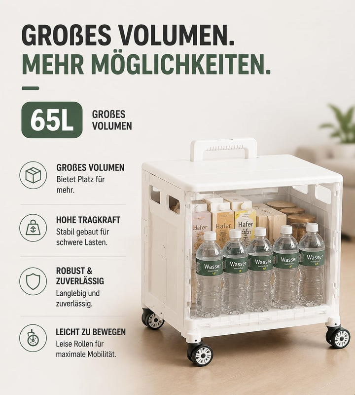 Faltbarer Einkaufstrolley 65L, Leichtgewicht 4,2 kg, mit Teleskopgriff, Klappbox auf Rollen für Eink