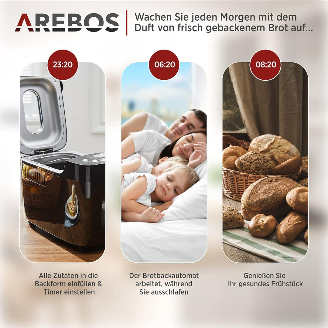Arebos Brotbackautomat 1500g | mit 15 Programmen | 2 Knethaken | Timer | LCD Display | 3 Bräunungsgr