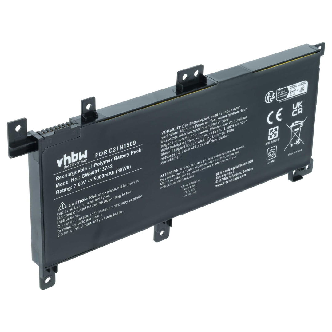 vhbw Akku kompatibel mit Asus K556UQ-XX348T, K556UQ-XX557T, K556UQ-XX688D Notebook (5000mAh, 7,6V, L