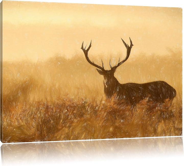 Pixxprint Rotwild Hirsch in Abenddämmerung Kunst Buntstift Effekt, Format: 100x70 auf Leinwand, 100x