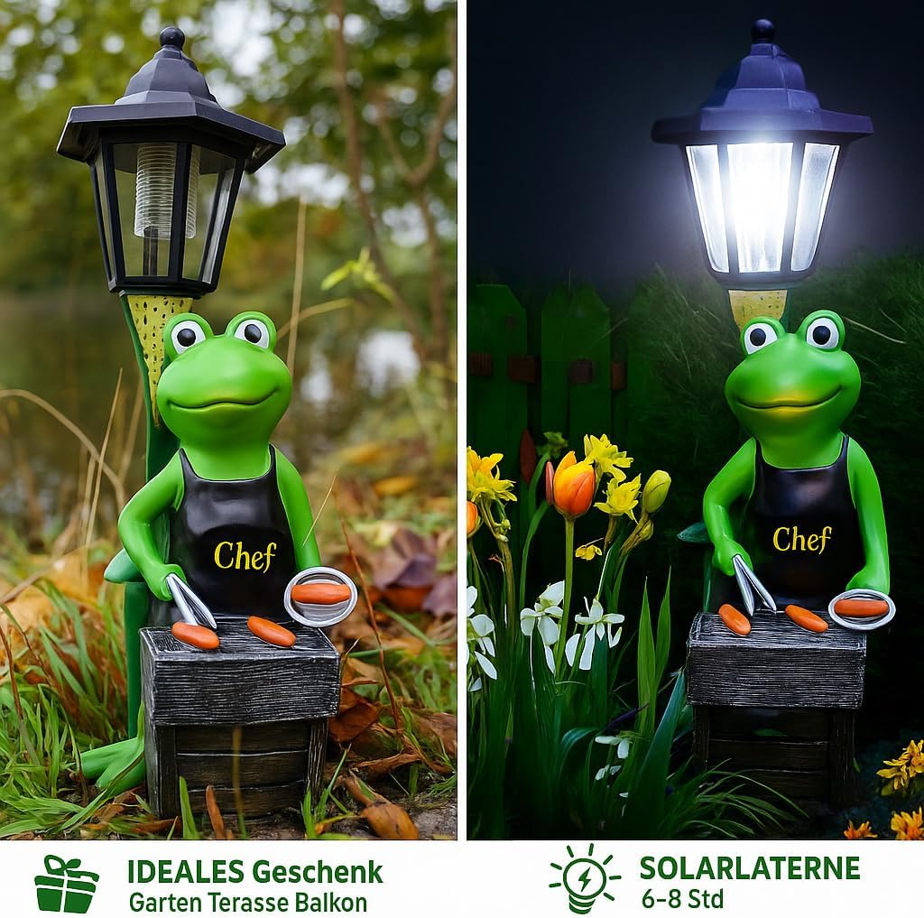 Kremers Schatzkiste XXL Frosch Grillmeister LED Solarlaterne 42x14cm handbemalte Polyresin Gartenfig