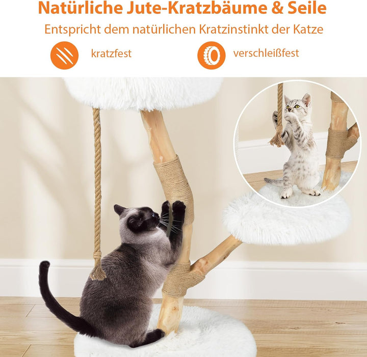 COSTWAY 90 cm Kratzbaum Holz, Katzenbaum mit Kratzpfosten aus Jute und Massivholz, 3 Plüschsitzfläch