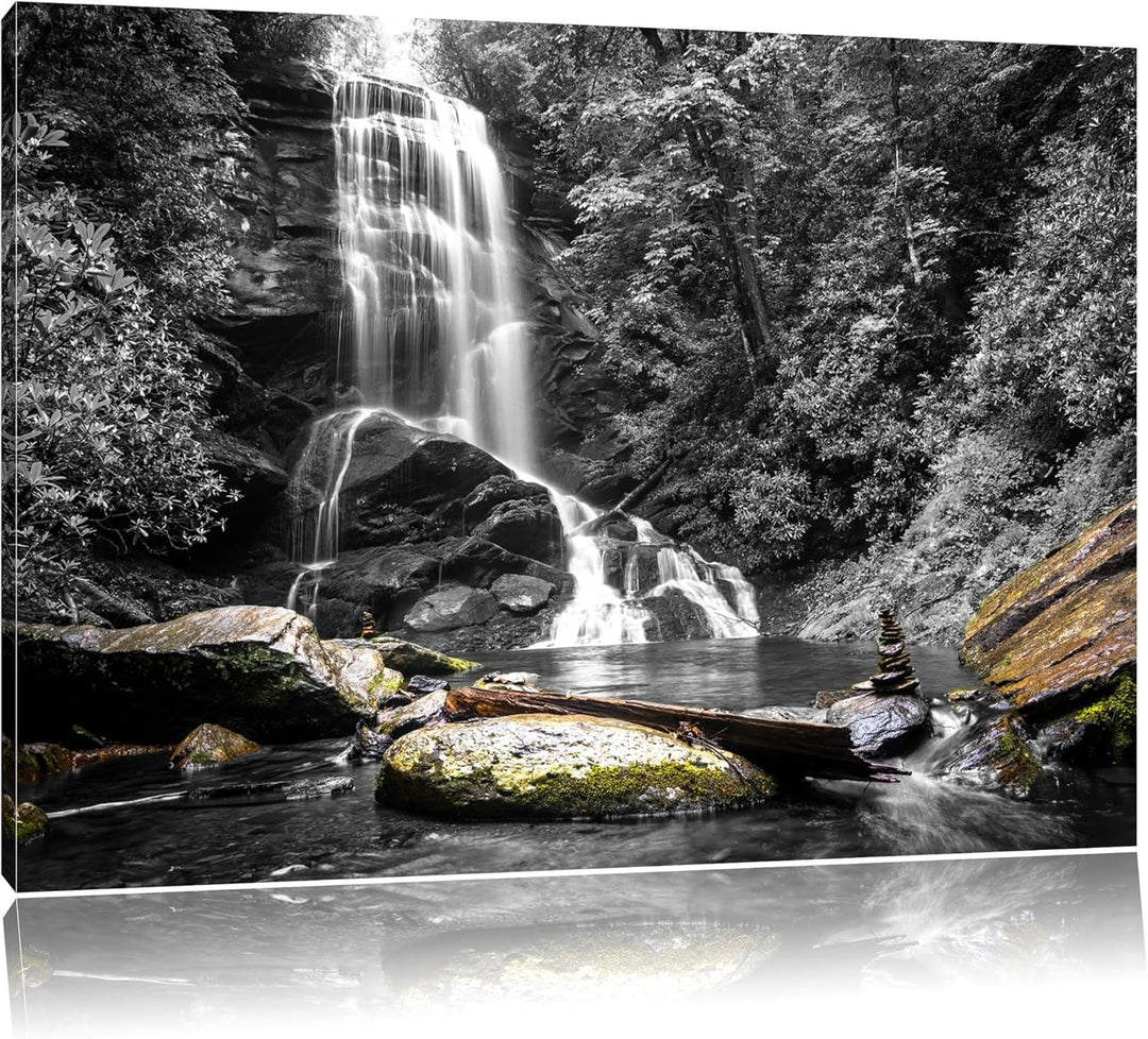 schöner Wasserfall mit Steinturm schwarz/weiss Format: 100x70 auf Leinwand, XXL riesige Bilder ferti