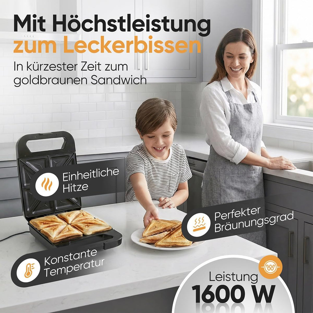 ProfiCook® Sandwichmaker für 4 Sandwiches gleichzeitig | Antihaft-Platten | kein Anbrennen | Sandwic