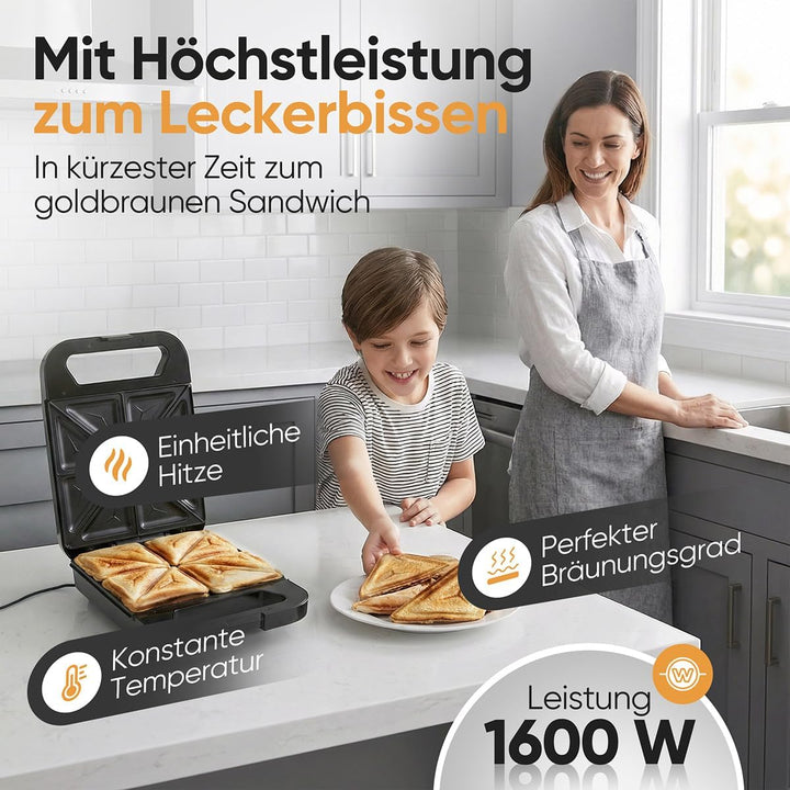ProfiCook® Sandwichmaker für 4 Sandwiches gleichzeitig | Antihaft-Platten | kein Anbrennen | Sandwic