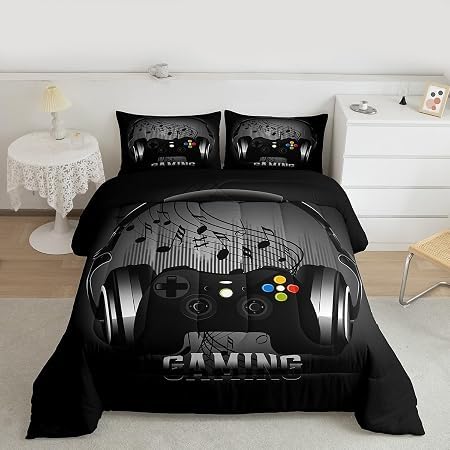 Gaming-Bettwäsche-Set mit Kopfhörern, Game-Controller, schwarz-grau, Videospiel-Dekor, Musik, Melodi