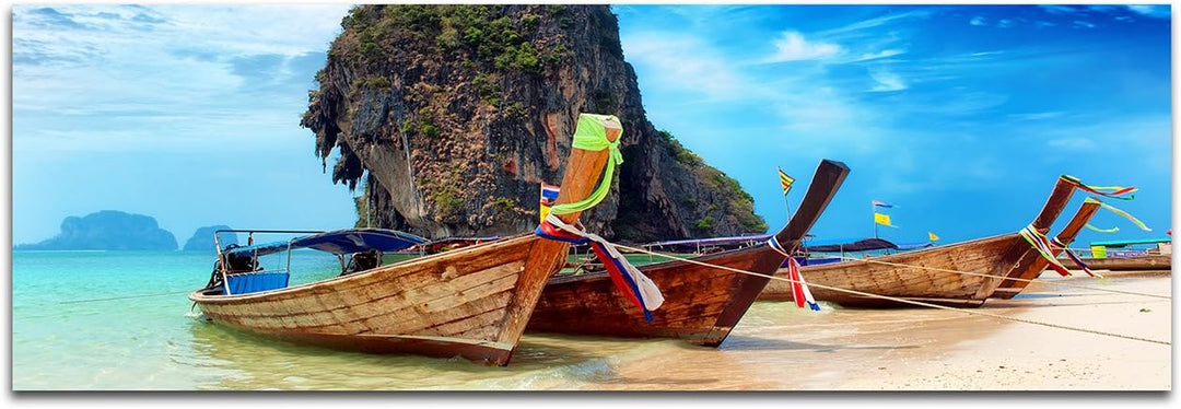 Wandbild auf Leinwand als Panorama in 150x50cm Thailand Strand Meer Felsen Boote Himmel