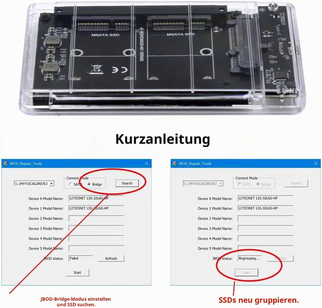 NFHK Dual MSATA Mini-SATA SSD Karte JOBD Raid0 Span-Bridge auf USB 3.0 Type-C USB-C 2,5 Zoll SATA Co
