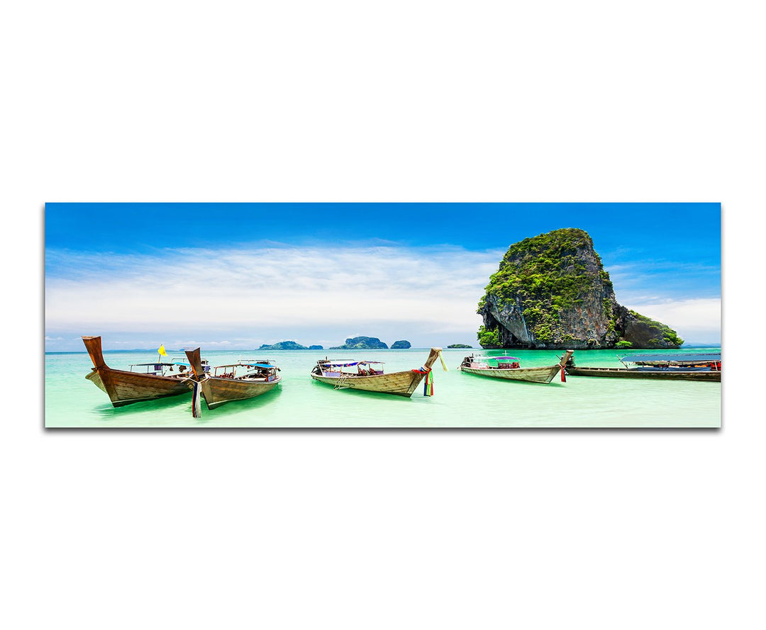 Paul Sinus Art Panoramabild auf Leinwand und Keilrahmen 150x50cm Thailand Fels Strand Meer Boote