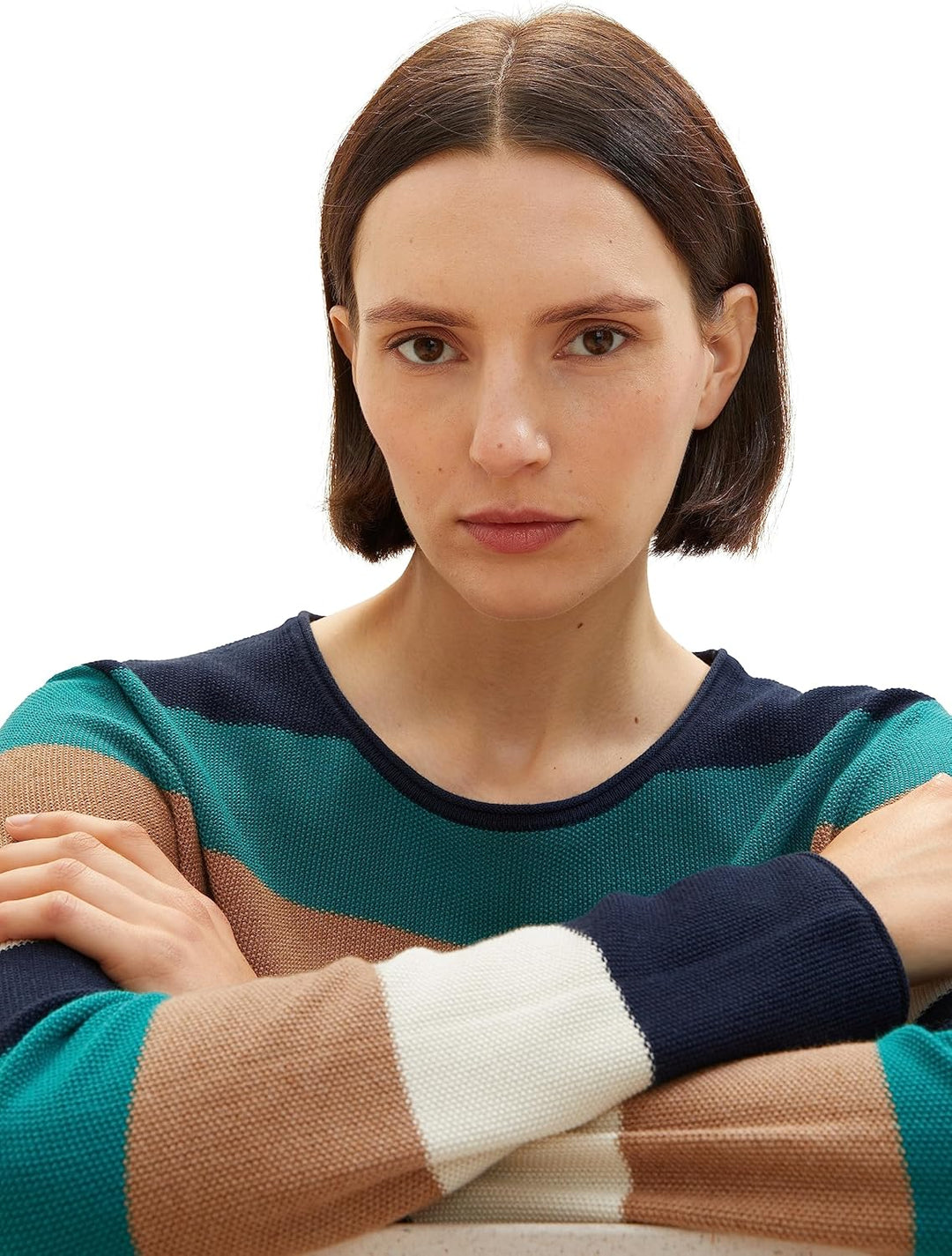 TOM TAILOR Damen Basic Pullover mit Struktur XS 34021 - Navy Teal Knit Stripe, XS 34021 - Navy Teal