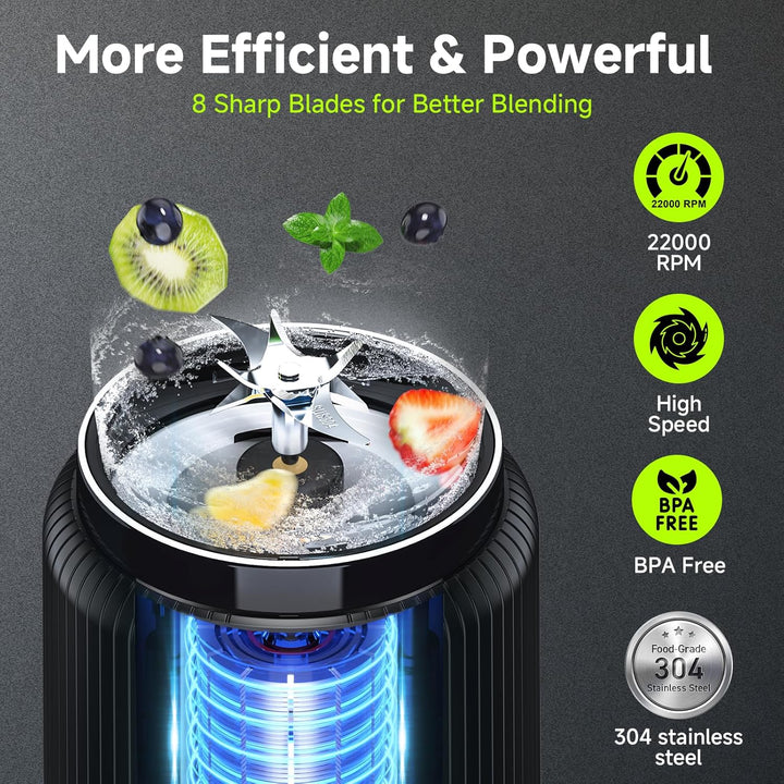 Tragbarer Mixer Smoothies Maker, 8 Klingen Mini Mixer mit 22.000 U/min, 500-ml-To-Go-Flasche mit Rei