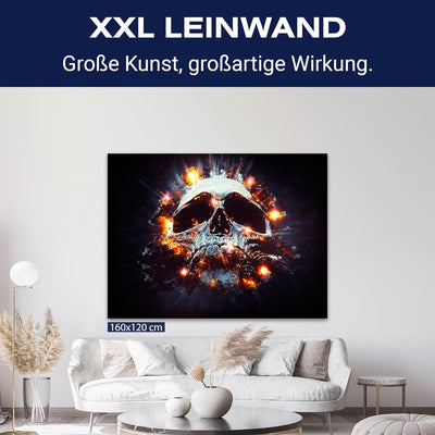 wandmotiv24 Leinwand-Bilder Totenköpfe, Grösse 60x45cm, Querformat, Totenkopf Explosion, Feuer, Rauc