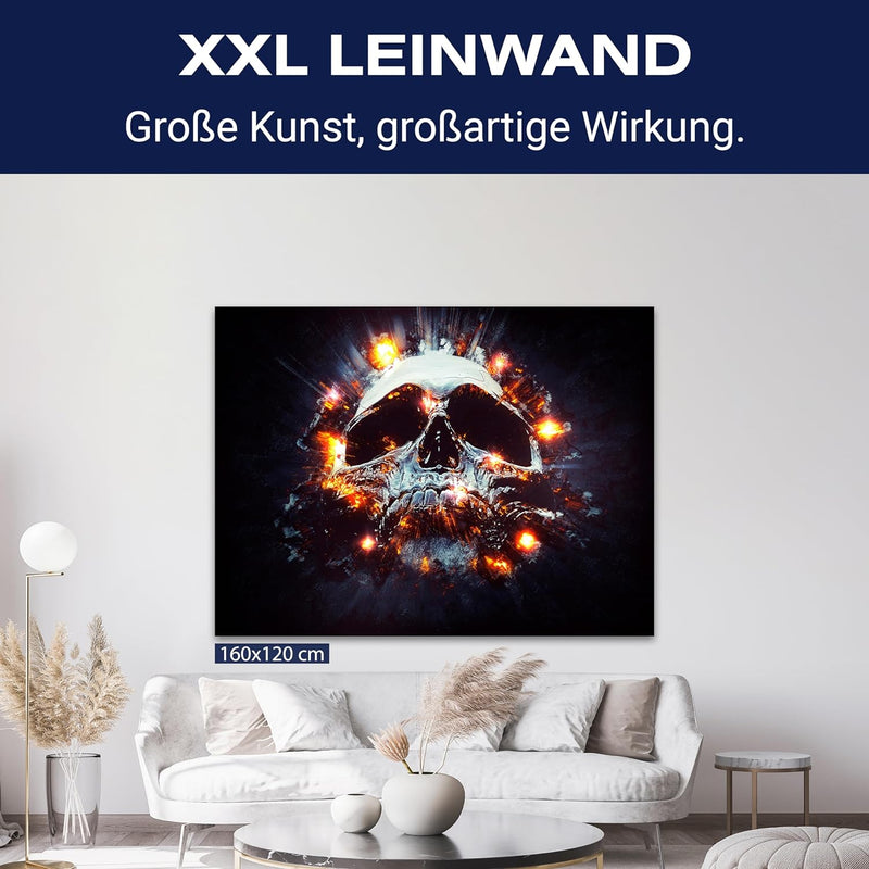 wandmotiv24 Leinwand-Bilder Totenköpfe, Grösse 60x45cm, Querformat, Totenkopf Explosion, Feuer, Rauc