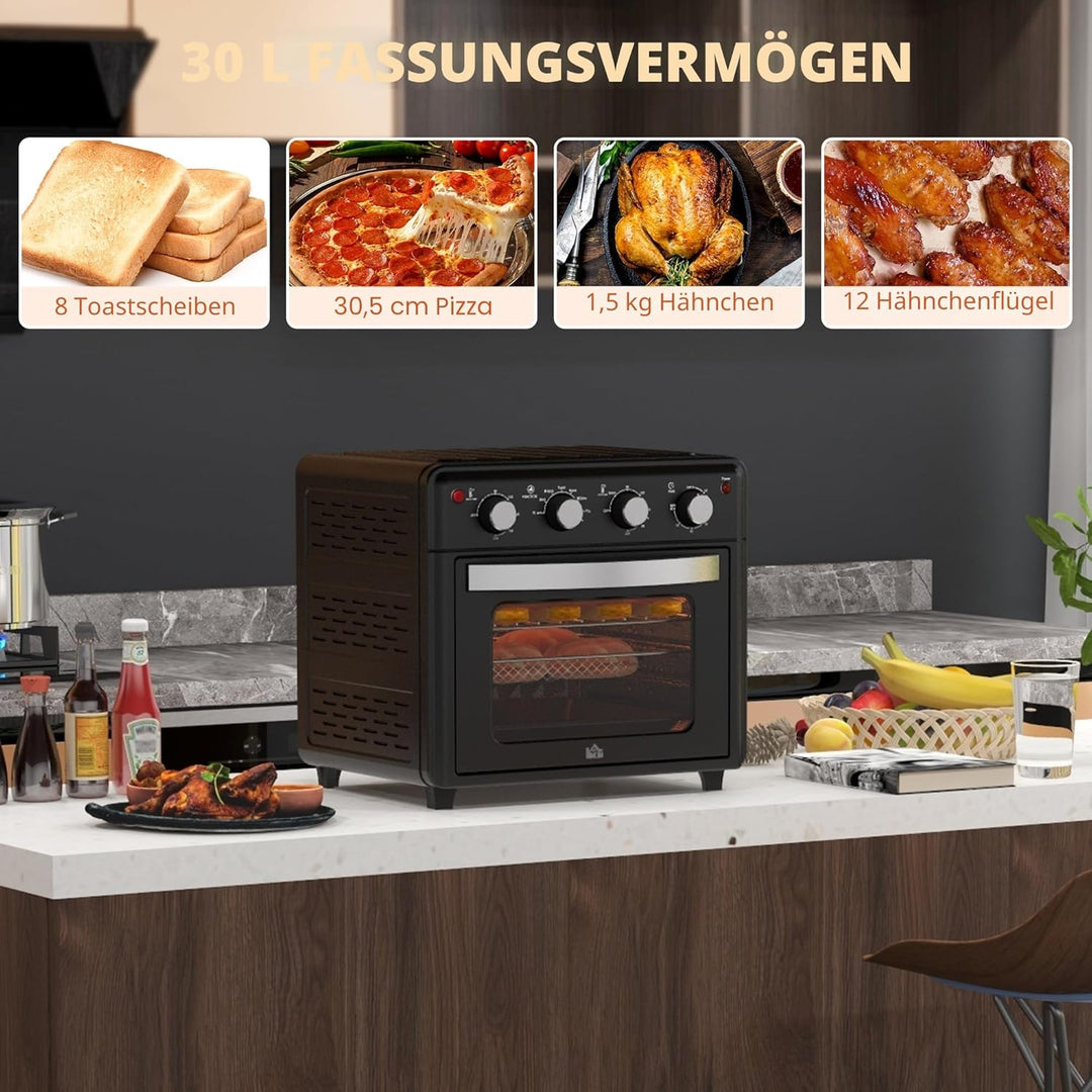 HOMCOM Mini Backofen mit Umluft 30 L 1600W 90-230℃ 60 Min. Timer inkl. Krümelblech, Warmhalteplatten